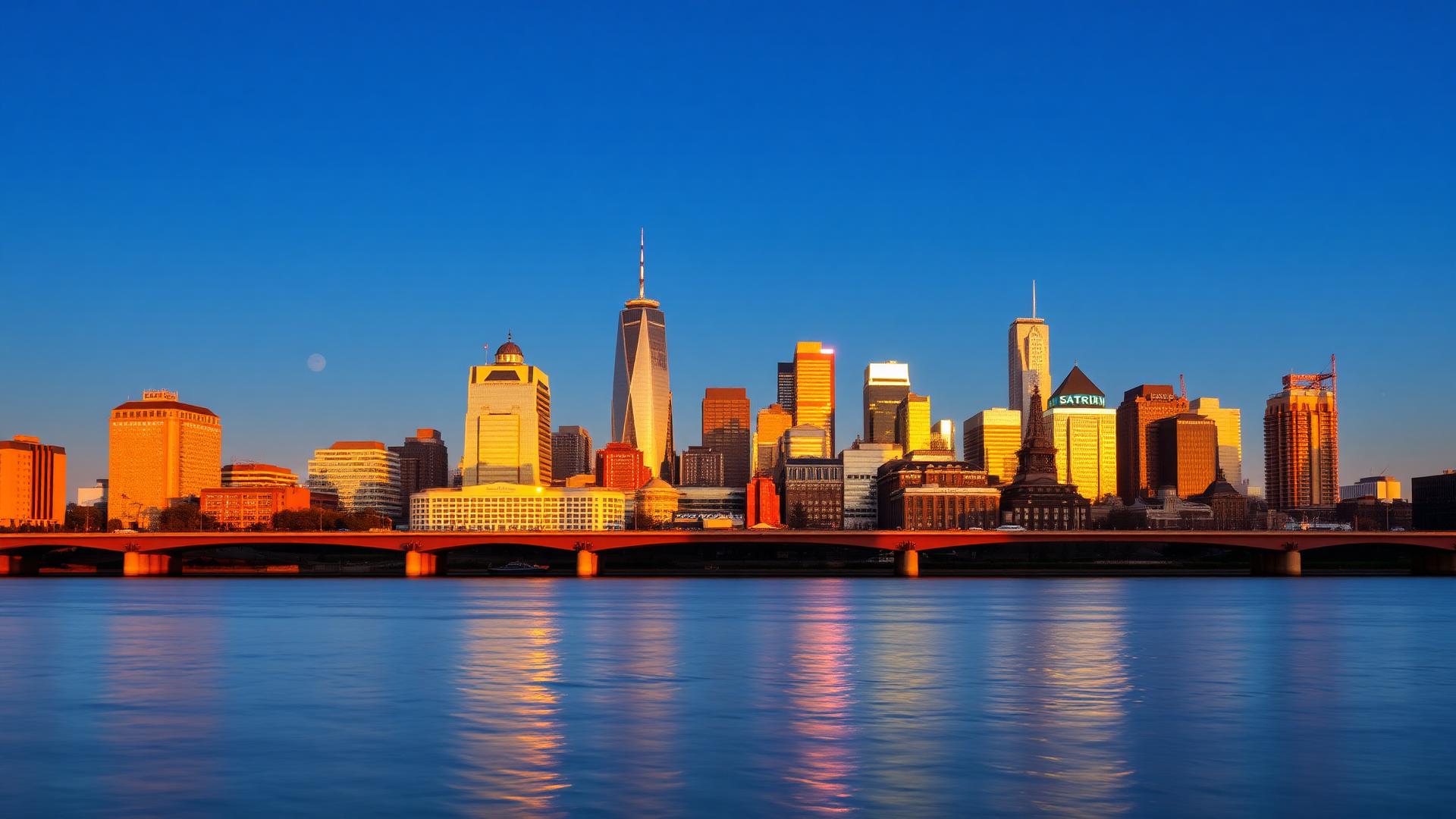 The Philadelphia skyline at golden dusk seen across the Schuylkill River